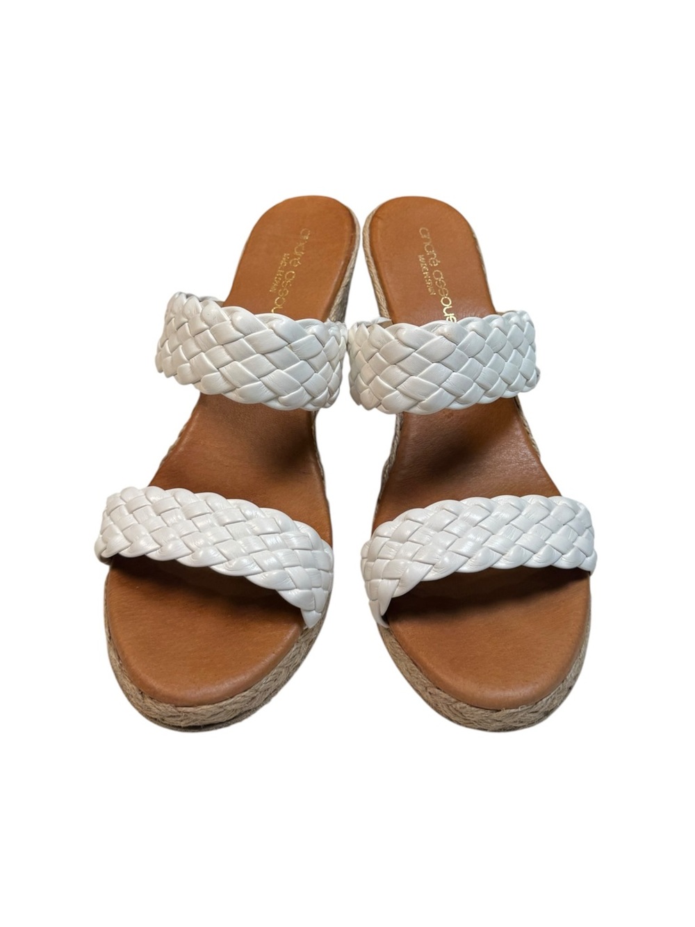 André Assous Aria Espadrille White Braided Leather Wedge Sandals Spain Size 10.5 - Picture 2 of 9